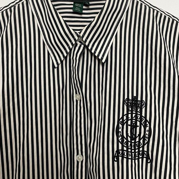 Vintage 90s Lauren Ralph Lauren Embroidered Crest Logo B&W Long Sleeve Shirt - Picture 4 of 8